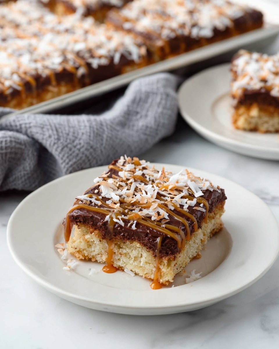 A square piece of light brown cake sits in the middle of a white plate, topped with a thick, smooth layer of dark chocolate frosting that covers the top completely. Over the chocolate layer, finely shredded white coconut is spread evenly, with some parts showing a drizzle of glossy golden caramel sauce creating thin stripes across the top. In the background, there is another white plate with a similar piece of cake, and a baking sheet filled with many more pieces of the same cake visible on a soft gray cloth. All items are placed on a white marbled surface. photo taken with an iphone --ar 4:5 --v 7
