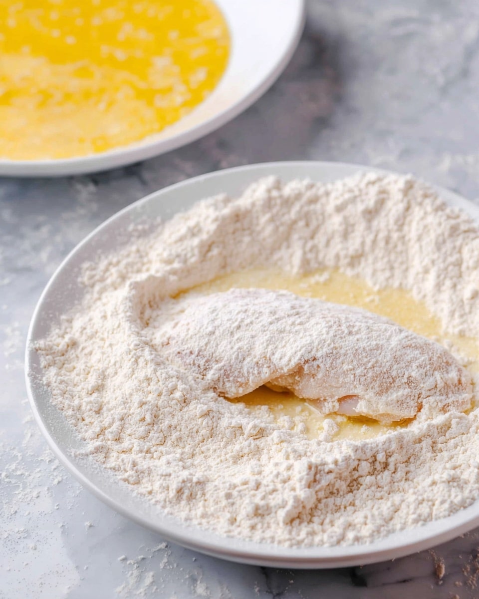A white plate filled with a thick layer of white flour, in the middle lies a raw chicken piece covered with a thin layer of flour, blending into the scattered flour around it; in the background, partly visible is another white plate with a mixture of beaten eggs, showing a smooth, glossy yellow liquid texture, all set on a white marbled surface. photo taken with an iphone --ar 4:5 --v 7
