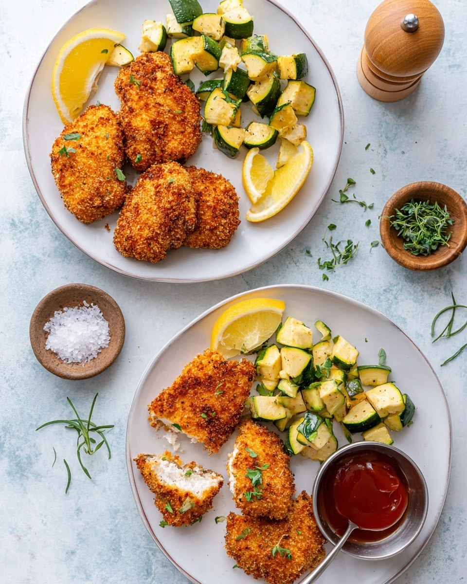 Two white plates sit on a white marbled surface. Each plate contains three crispy golden brown breaded pieces with a crunchy texture, arranged in a group near the center of the plate. Next to the breaded pieces is a small pile of cooked, green and light yellow zucchini cubes, garnished with small green herbs. On one plate, a piece is sliced to show a white tender inside. Lemon wedges with bright yellow skin and juicy interiors are placed at the top side of one plate. A small round metal container with red dipping sauce is on the bottom right of the closest plate. A small ceramic bowl of coarse salt with green herb sprigs is placed beside one plate with a wooden pepper grinder nearby. Photo taken with an iphone --ar 4:5 --v 7