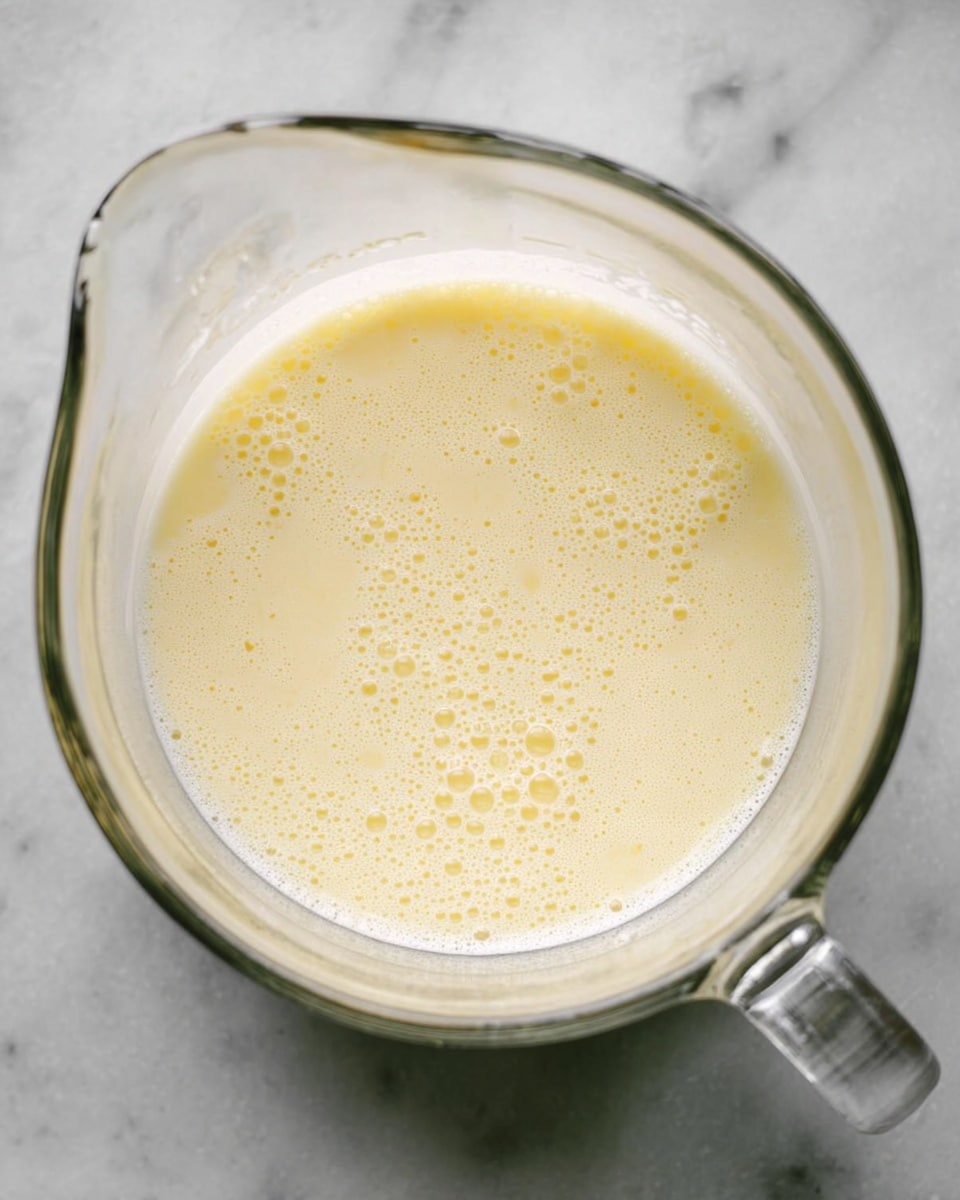 A clear glass bowl filled with a pale yellow liquid that has a smooth and slightly foamy texture with small bubbles clustered mainly in the center. The bowl has a spout and a handle and sits on a white marbled surface. The liquid looks creamy and light, with a soft and even appearance throughout. Photo taken with an iphone --ar 4:5 --v 7