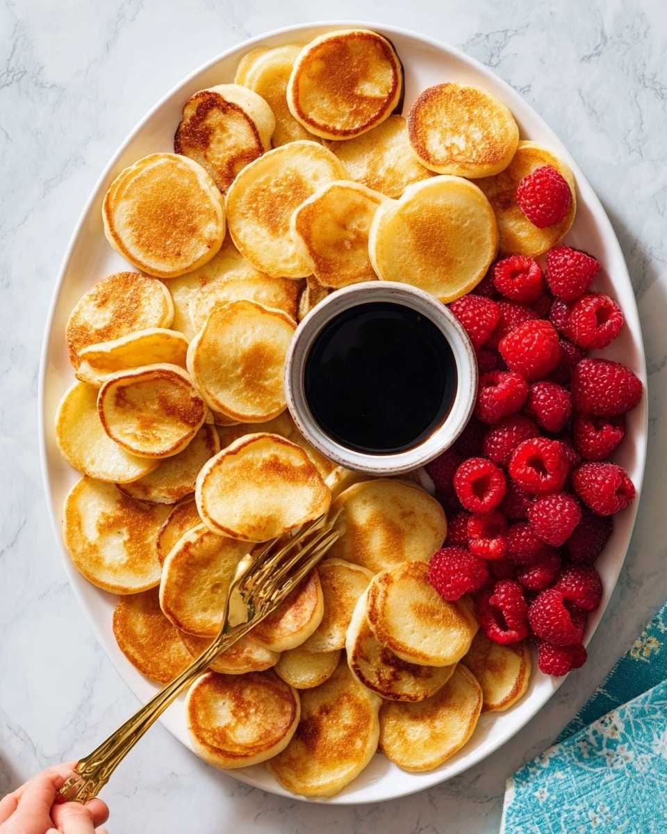 A white plate holds many small, round golden pancakes with a slightly uneven, browned surface, creating a textured look. On the right side of the plate, there is a cluster of bright red raspberries, adding contrast with their bumpy and juicy texture. In the center of the pancakes, a small, round container filled with dark, glossy syrup sits, catching some light that reflects off its smooth surface. The plate is placed on a white marbled surface, and a woman’s hand is seen holding a golden fork above the plate. Photo taken with an iphone --ar 4:5 --v 7