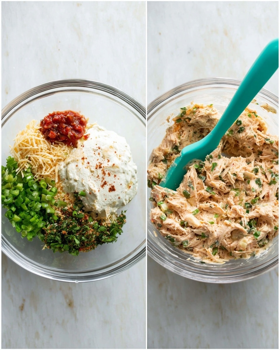 Two images show a clear glass bowl on a white marbled surface. The left image has six layers inside the bowl: a large white creamy layer, a small red salsa layer next to it, bright green chopped peppers and chopped green onions, shredded pale yellow cheese, some shredded light brown chicken pieces, finely chopped dark green herbs, and a sprinkle of brown spices on top. A teal silicone spatula rests inside the bowl. The right image shows the same bowl with all ingredients mixed together into a creamy, chunky light brown mixture with small green and red bits visible, and the teal spatula still inside. photo taken with an iphone --ar 4:5 --v 7
