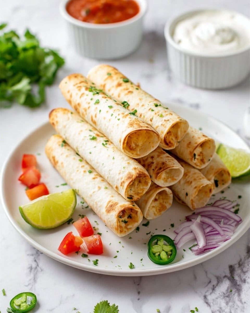 The image shows a white plate on a white marbled surface holding six rolled tortillas stacked in two layers, with three tortillas on the bottom and three on top. The tortillas are light golden brown with small green herb bits sprinkled on them, and the ends reveal a beige filling inside. Around the edges of the plate, there are small pieces of green jalapeño, red tomatoes, and purple onions scattered in a decorative pattern. Two lime wedges are placed near the top of the plate with some fresh green cilantro behind them. In the background, there are two small white bowls, one with red salsa and the other with white sour cream. photo taken with an iphone --ar 4:5 --v 7