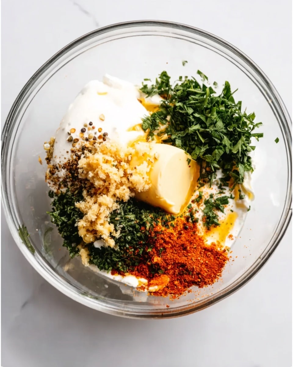 A clear glass bowl sits on a white marbled surface, filled with several distinct layers of ingredients. There is a large white creamy layer, next to it a solid pale yellow butter piece, and fresh finely chopped green herbs like parsley or cilantro on one side. Around these, there are scattered orange-red spices, black pepper, and some minced garlic pieces, all resting separately but close to each other in the bowl. The bowl has a clean and simple look, showing the variety of textures and colors inside. Photo taken with an iphone --ar 4:5 --v 7