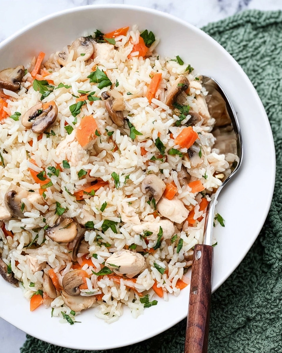 A white bowl filled with a mix of cooked white rice, small light brown mushroom pieces, orange carrot sticks, and white chicken chunks. Fresh green herb leaves are scattered on top, adding color contrast. A shiny spoon with a wooden handle is resting inside the bowl, partly under the rice mix. The bowl is placed on a white marbled surface with a green textured fabric near it. The rice grains are separate, and the chicken pieces look soft. photo taken with an iphone --ar 4:5 --v 7
