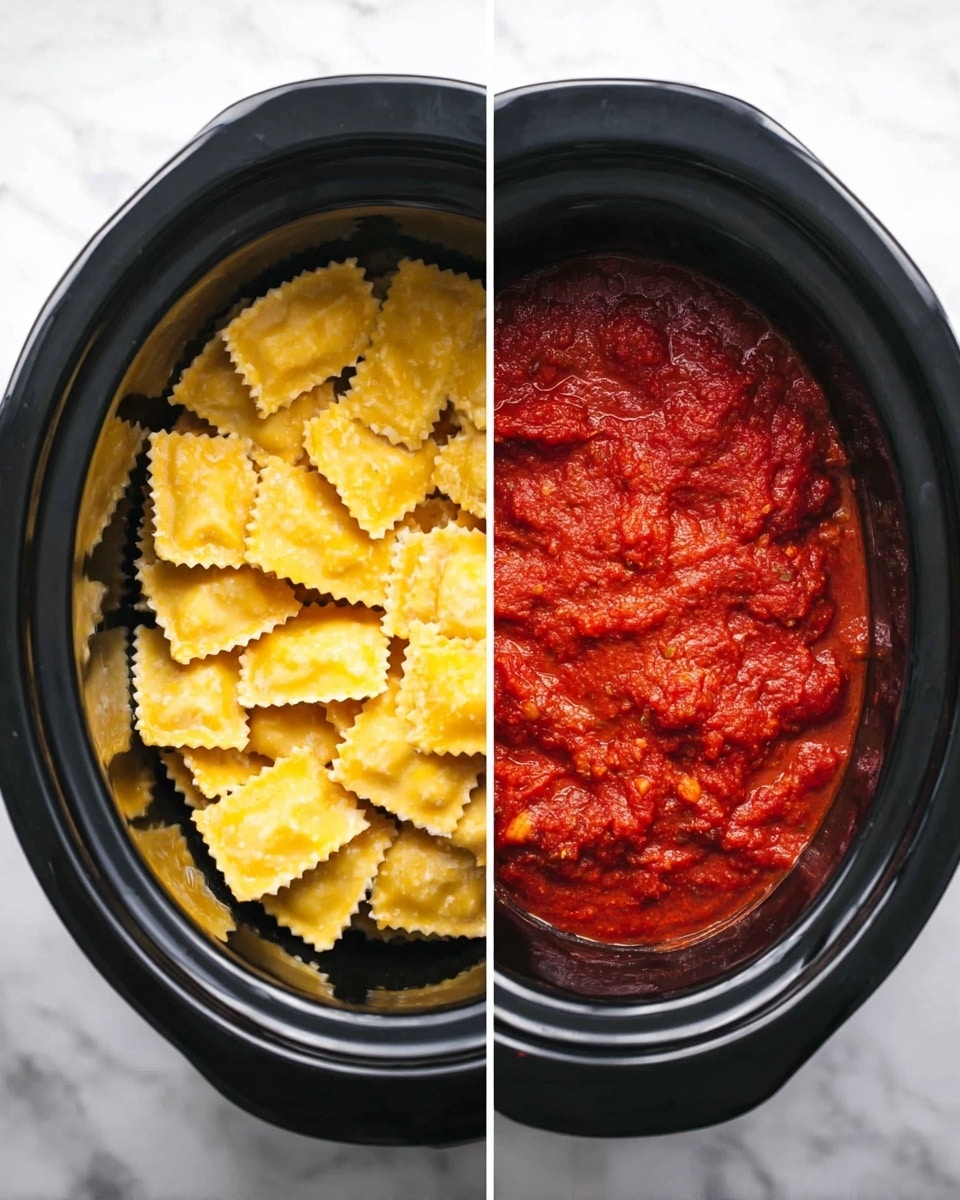 The image shows two views inside a black slow cooker on a white marbled surface. On the left side, there is a single layer of uncooked yellow ravioli with a soft textured appearance arranged evenly at the bottom of the slow cooker. On the right side, the slow cooker contains a thick, bright red tomato sauce layer with a chunky texture fully covering the ravioli underneath. The sauce appears rich and slightly glossy, with visible pieces of tomatoes and herbs. photo taken with an iphone --ar 4:5 --v 7