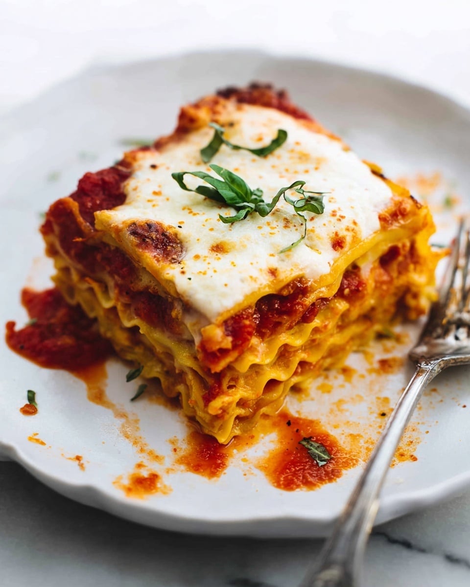 A square piece of lasagna sits on a white plate with a white marbled surface. The lasagna has about six visible layers, alternating between wide, wavy-edged pasta sheets in light yellow and thick red tomato sauce. The top layer is melted, creamy white cheese with some brown spots, garnished with a small amount of fresh green basil strips. There is a small green herb leaf at the back edge of the lasagna. Around the lasagna are some splashes of red tomato sauce on the plate. A silver fork is placed near the top left side of the plate. Photo taken with an iphone --ar 4:5 --v 7