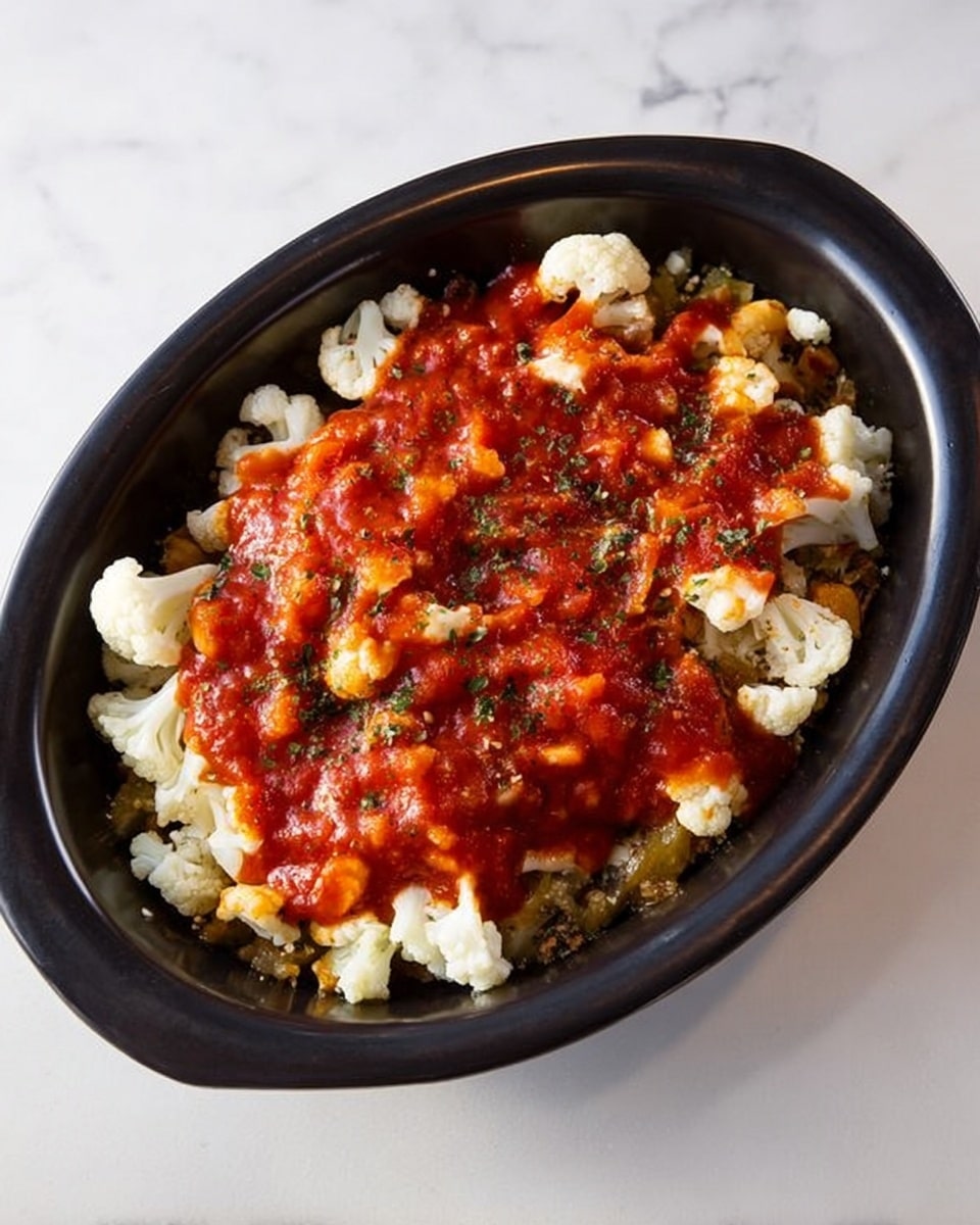 A black oval dish contains a mix of white cauliflower florets at the bottom, topped with a bright red tomato sauce spread unevenly across the surface, allowing some pieces to peek through. Small bits of green herbs and spices can be seen sprinkled lightly over the cauliflower and sauce, adding texture and color contrast. The dish sits on a white marbled surface. Photo taken with an iphone --ar 4:5 --v 7