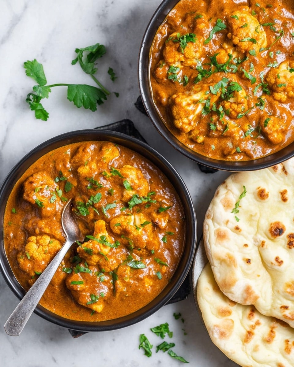 Two black round pots filled with a thick, orange-brown curry that contains pieces of cauliflower and small green herb leaves on top. One pot has a silver spoon resting inside. To the right, there are two pieces of white naan with light brown grilled spots, resting partially over the white marbled surface. Some scattered green herb leaves are also on the white marbled surface nearby. photo taken with an iphone --ar 4:5 --v 7