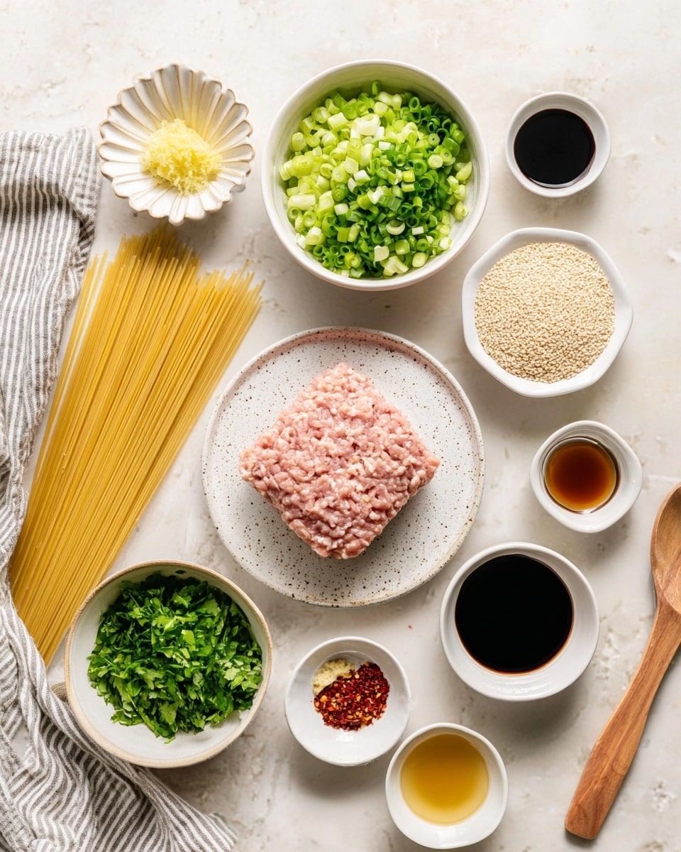 A top-down view of raw ingredients arranged neatly on a white marbled surface: in the center, a white speckled round plate holds a block of light pink ground meat; above it, a large white bowl is filled with chopped green onions, and next to it, a small white bowl contains more green onions. To the left is a small white flower-shaped bowl with minced yellow ginger. Above the ginger, a small white round bowl is filled with beige sesame seeds. To the left side of the image, there is a bundle of uncooked spaghetti noodles. Below the noodles, two small white bowls hold dark soy sauce and light sauce respectively. To the right of these, there are three more small bowls with clear light liquid, brown liquid, and red chili flakes in them. At the bottom left, there is a bowl filled with fresh chopped green herbs. A wooden spatula rests on the lower left corner. A striped kitchen towel is seen in the top left corner. Photo taken with an iphone --ar 4:5 --v 7
