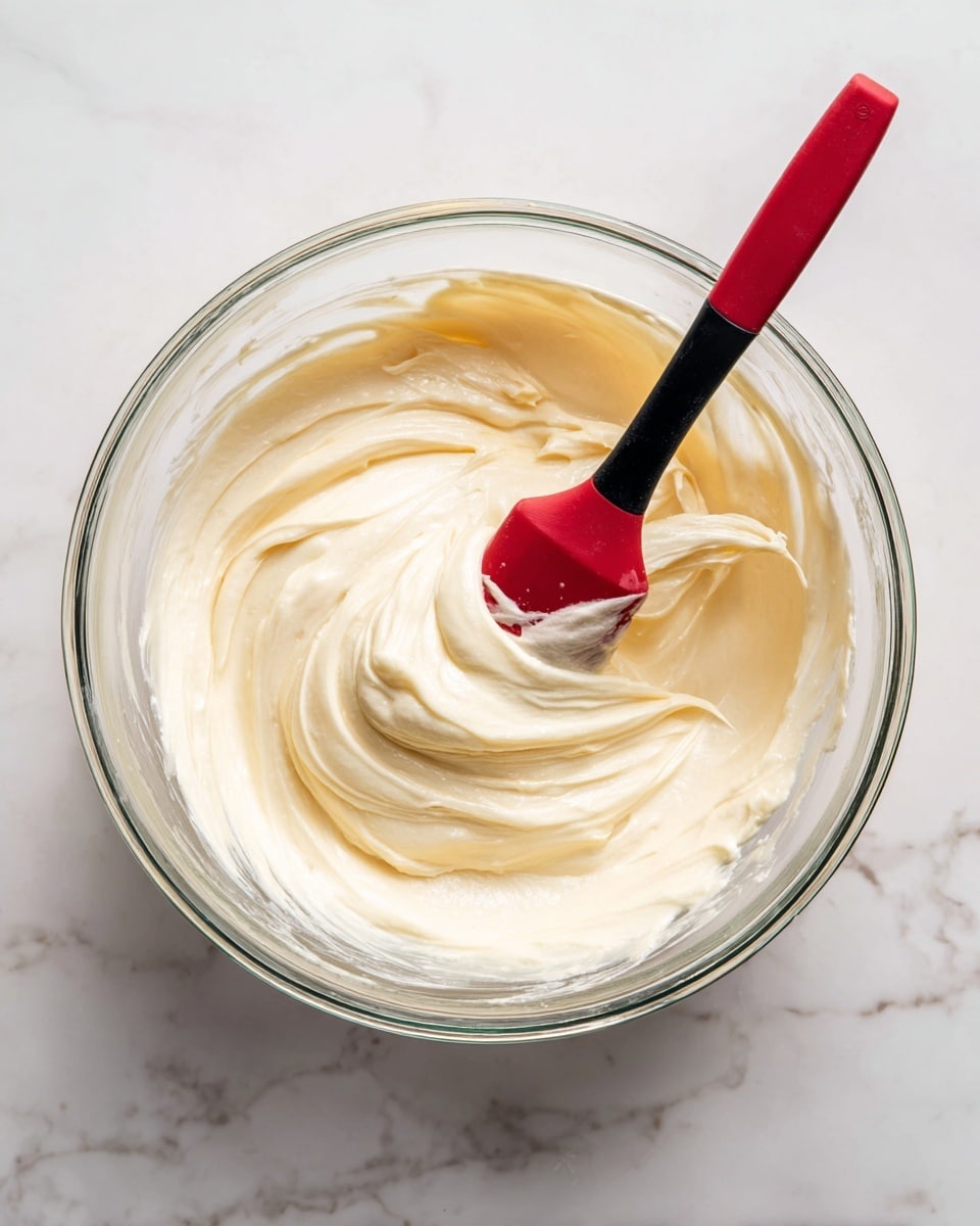 A clear glass bowl holds a thick, smooth batter with a light cream color. A red and black spatula is partly dipped into the batter, stirring gently, showing the creamy texture as it folds. The stick of the spatula extends toward the bottom right of the bowl. The background and surface beneath the bowl are white marble, giving a clean and bright look. Photo taken with an iphone --ar 4:5 --v 7