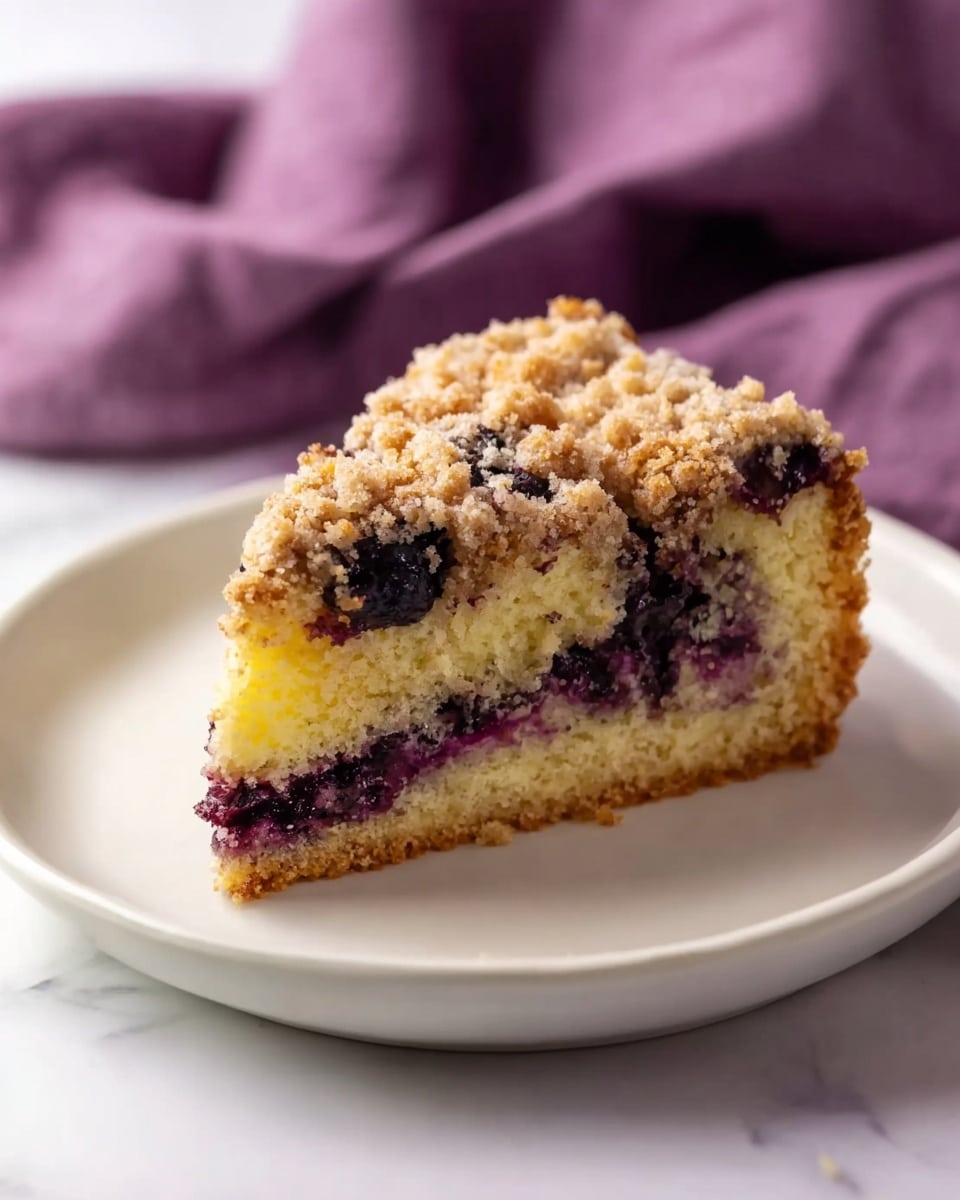 A slice of crumb cake sits on a white plate with a white marbled background. The cake has three main layers: a light golden crumb topping with a rough texture and dark blueberry bits, a thick middle layer of soft, light yellow cake, and a thin bottom layer of blueberry filling which is dark purple and slightly glossy. A purple cloth is softly placed in the background. Photo taken with an iphone --ar 4:5 --v 7
