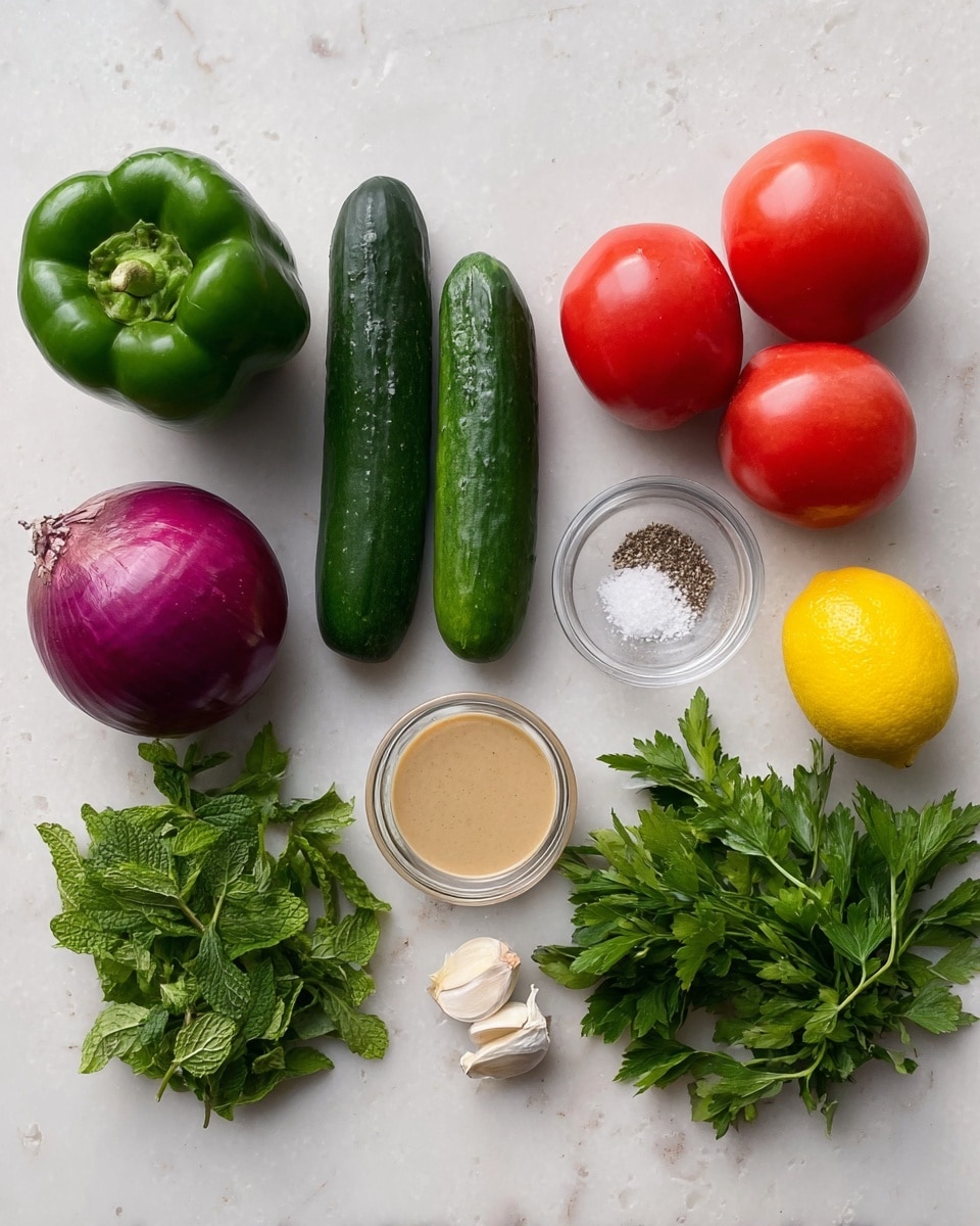 The image shows fresh ingredients for a dish placed neatly on a white marbled surface. There is one green bell pepper on the left, two dark green cucumbers placed side by side next to it, and two bright red tomatoes located above the cucumbers. Moving toward the right, there is a whole purple onion below a small glass bowl with salt and pepper, and next to it, a glass bowl of light brown tahini sauce. On the far right, a yellow lemon is placed near two small garlic cloves above a bunch of fresh green parsley. On the far left side, there is a small bunch of fresh mint leaves. All items are spaced evenly to display their fresh textures and rich colors. Photo taken with an iphone --ar 4:5 --v 7