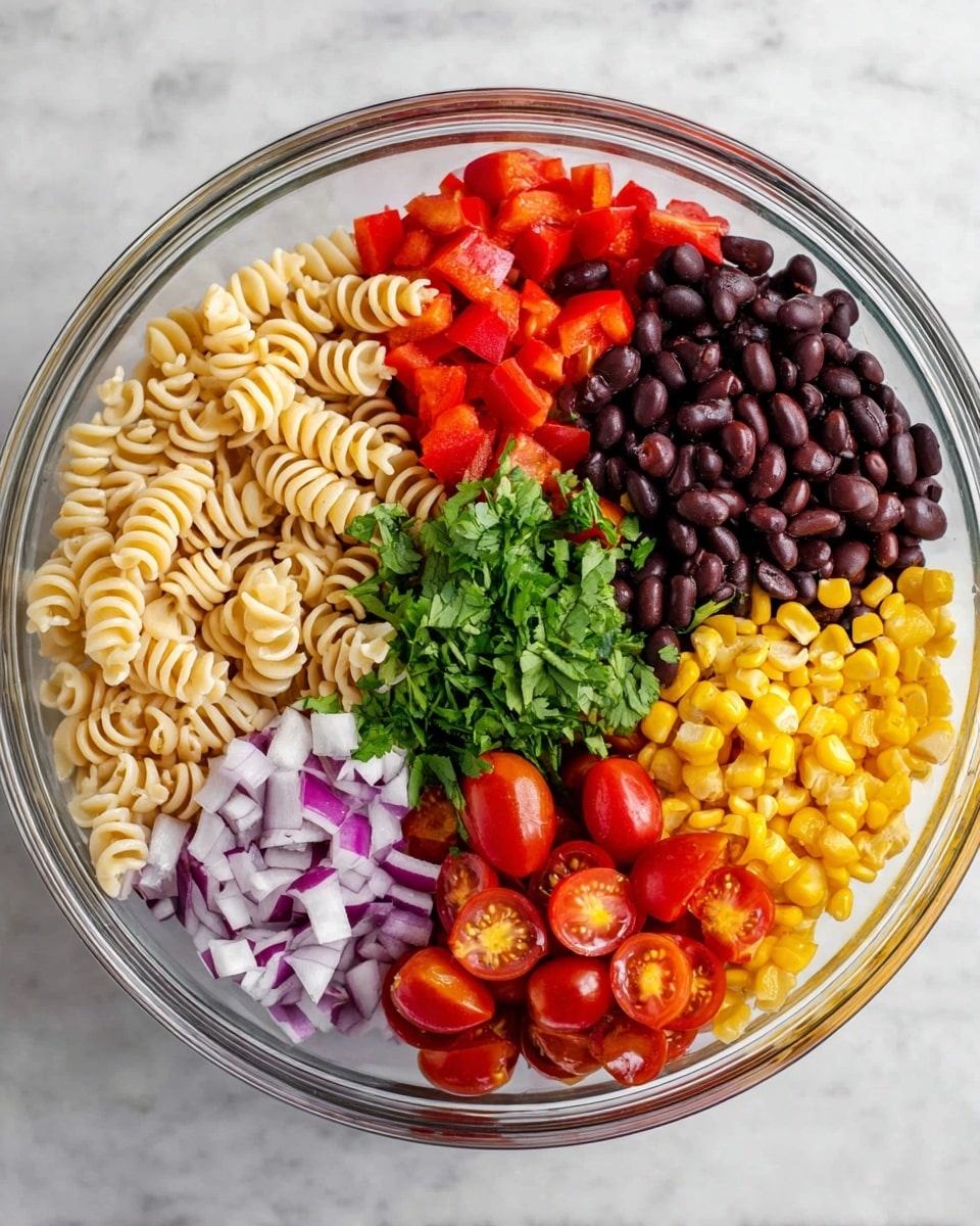 A clear round bowl holds six separate layers of fresh ingredients arranged side by side like a colorful rainbow. Starting from the top left, there is a layer of light beige spiral pasta, next to it bright red chopped bell peppers. To the right of the peppers are shiny black beans forming a dense pile. Below the beans is a small pile of finely chopped green cilantro leaves. At the bottom right, golden yellow roasted corn kernels create a bright patch, and lastly, at the bottom left, bright red halved cherry tomatoes with juicy interiors are placed next to a small amount of purple and white diced onions at the center. The bowl is on a white marbled surface. Photo taken with an iphone --ar 4:5 --v 7