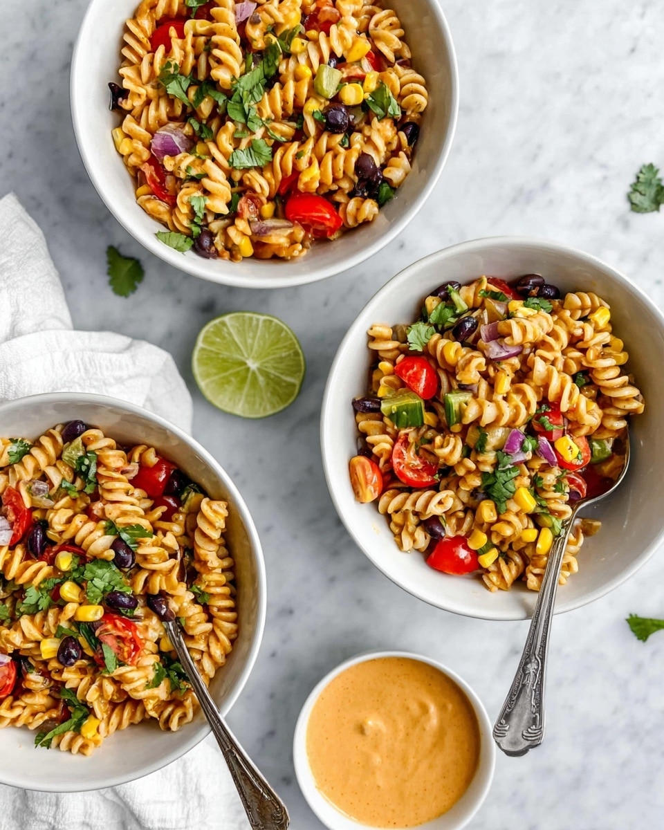 Three white bowls are filled with a colorful pasta salad made of spiral rotini pasta in a light orange sauce. Mixed throughout the pasta are halved red cherry tomatoes, black beans, yellow corn kernels, small cubes of red bell pepper, and pieces of red onion. Fresh green cilantro leaves are sprinkled on top in each bowl. One bowl has a silver fork with the handle resting outside, and the bowl contains a wedge of lime on the side. Nearby, a small white bowl holds orange creamy dressing with a silver spoon inside. The dishes sit on a white marbled surface with a white cloth napkin partially visible. photo taken with an iphone --ar 4:5 --v 7