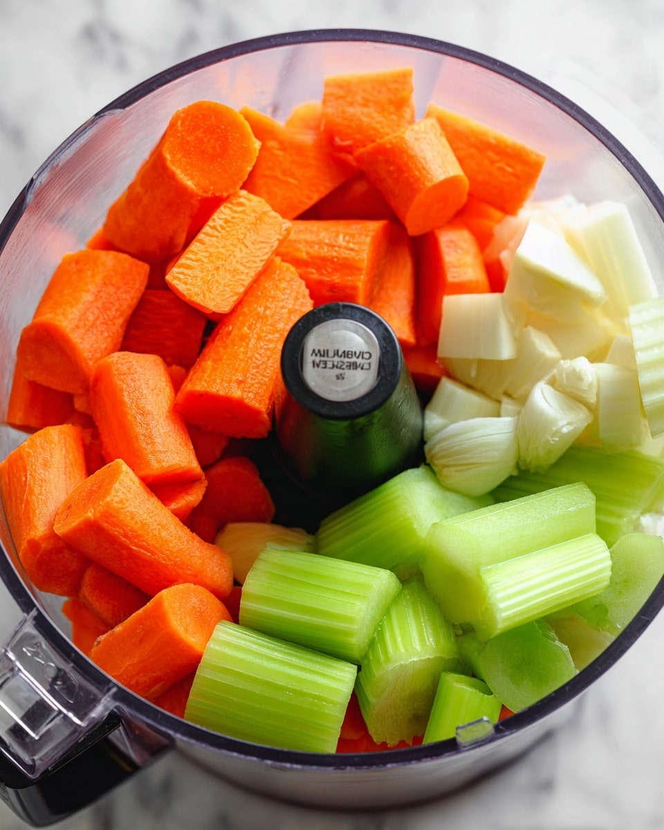 A clear food processor bowl filled with large pieces of bright orange carrots on the left, pale green celery stalks with crisp, ribbed texture on the right, and white chunks of onion and garlic towards the back. The vegetables are fresh and raw, resting inside the bowl with a central black and silver blade post visible. The bowl sits on a white marbled surface. photo taken with an iphone --ar 4:5 --v 7