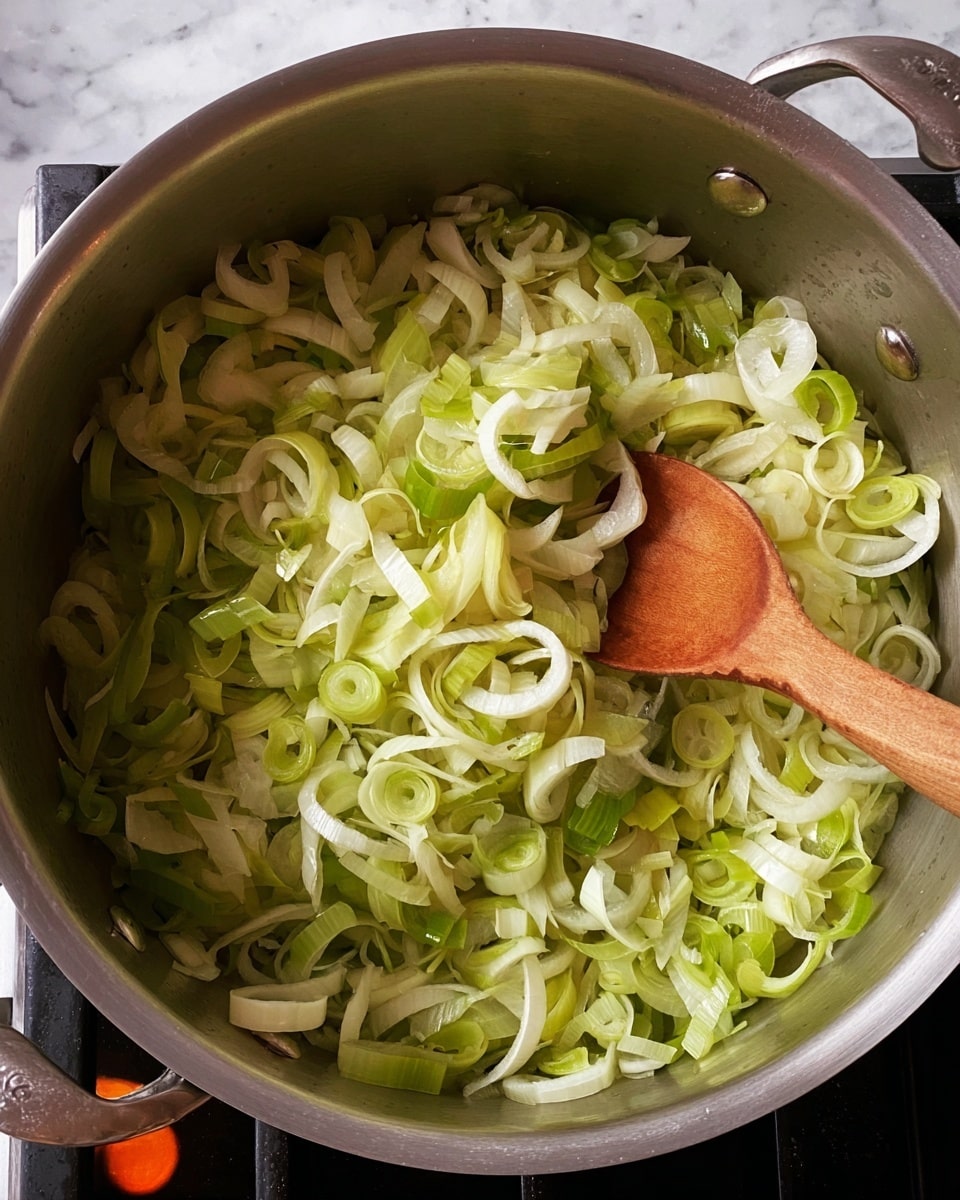A large silver pot filled with thinly sliced pale green and white leek pieces, showing rings and semicircles spread evenly inside. A wooden spoon with a light brown texture rests on top of the leeks near the center right, partially stirring them. The pot is situated on a black stove, with a small visible orange element on the left side. The background surface has been replaced with a white marbled texture. photo taken with an iphone --ar 4:5 --v 7