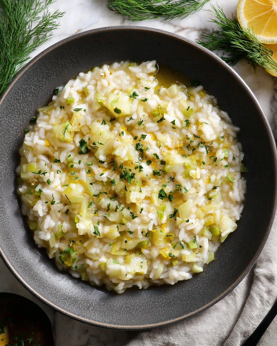 A close-up view of a dark gray bowl filled with a creamy risotto dish, topped with small chopped pieces of light yellow and white vegetables mixed evenly throughout the rice, garnished with finely chopped green herbs and a few drops of golden oil. The risotto has a glossy wet texture with visible grains of white rice. Around the bowl are sprigs of fresh dill on a white marbled surface, along with a lemon slice partially visible on the top right, and a folded light gray cloth napkin on the bottom right. Photo taken with an iphone --ar 4:5 --v 7