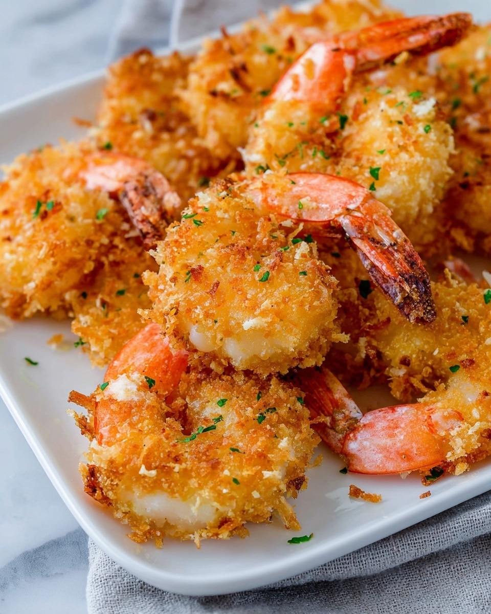 The image shows a close-up of several golden brown fried shrimp arranged closely on a white plate. Each shrimp is coated with a crunchy texture that includes light golden breadcrumb and shredded pieces, giving a rough surface. Small bits of green herbs are sprinkled over the shrimp, adding a touch of color contrast. The shrimp tails remain visible, showing a vivid orange-pink shade. The plate rests on a white marbled surface with a partially visible light gray cloth underneath. photo taken with an iphone --ar 4:5 --v 7