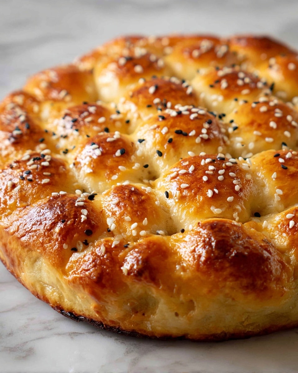 The image shows a golden brown bread with a soft, fluffy texture arranged in a round shape. The bread has several rounded, puffy sections tightly packed together forming a raised grid pattern on the top layer. The surface is shiny and glazed, with scattered white and black sesame seeds adding contrast and texture. The outer edge is darker and thicker, creating a crust that wraps around the whole bread. The bread is placed on a white marbled surface. photo taken with an iphone --ar 4:5 --v 7
