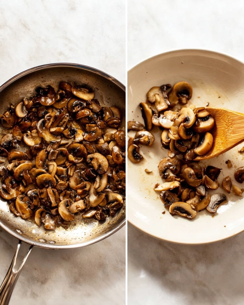 The image shows two side-by-side scenes. On the left, a metal pan filled with sliced cooked mushrooms that are brown and glossy. The mushrooms cover the bottom of the pan with some parts slightly darker, showing they are sautéed. On the right, the same pan is partly empty with some mushrooms inside. A wooden spoon is lifting a group of mushrooms from the pan into a white plate placed next to it. The background is a white marbled surface with soft, natural lighting. photo taken with an iphone --ar 4:5 --v 7