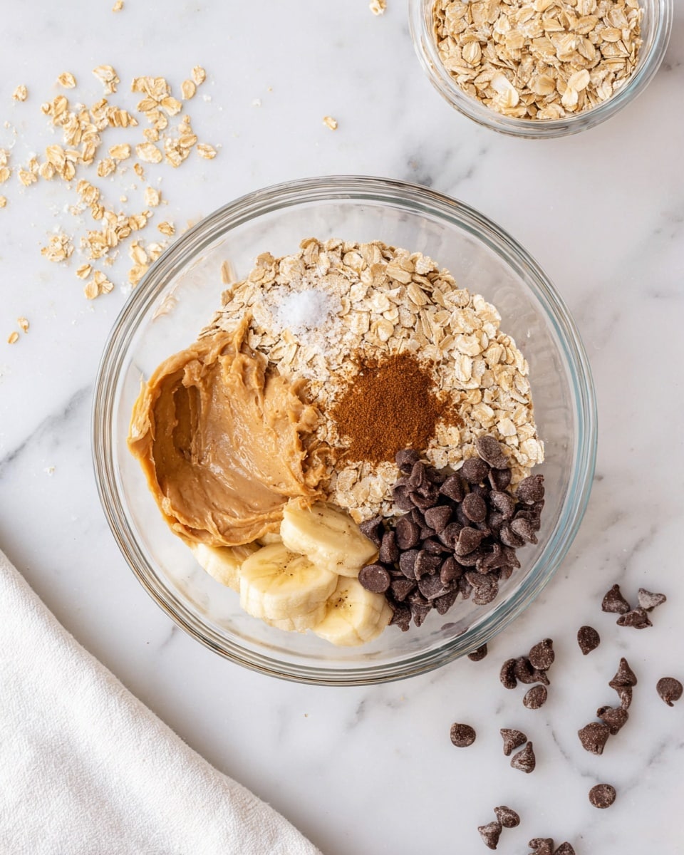 A clear glass bowl sits on a white marbled surface, filled with four separate layers ready to be mixed. The largest portion is light beige oats with a small mound of cinnamon powder and a pinch of salt on top near the center. To the left of the oats is a smooth, creamy light brown layer of peanut butter, sitting above a mashed yellow banana layer with some darker spots. Below the oats is a pile of small, dark brown chocolate chips. Scattered chocolate chips and some oats are around the bowl on the surface, with a white cloth towel placed at the bottom left corner. Another smaller clear glass bowl with a few oats inside is positioned at the top right. Photo taken with an iphone --ar 4:5 --v 7