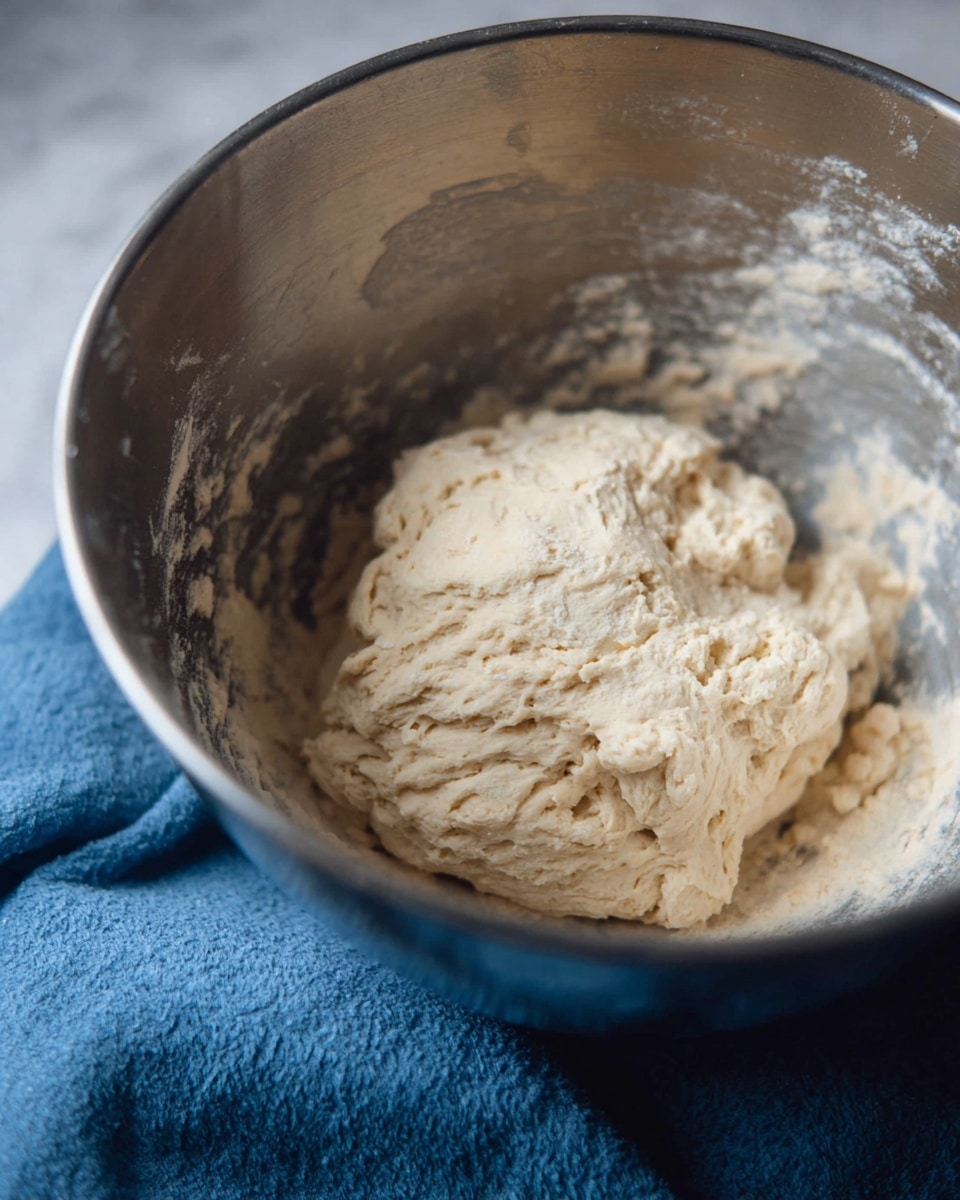 A close-up image of a ball of dough inside a large silver metal mixing bowl. The dough is light beige, soft, and slightly lumpy with a coarse texture. The metal bowl shows some flour dusted on the sides. The bowl sits on a blue cloth, all placed on a white marbled texture surface. Photo taken with an iphone --ar 4:5 --v 7