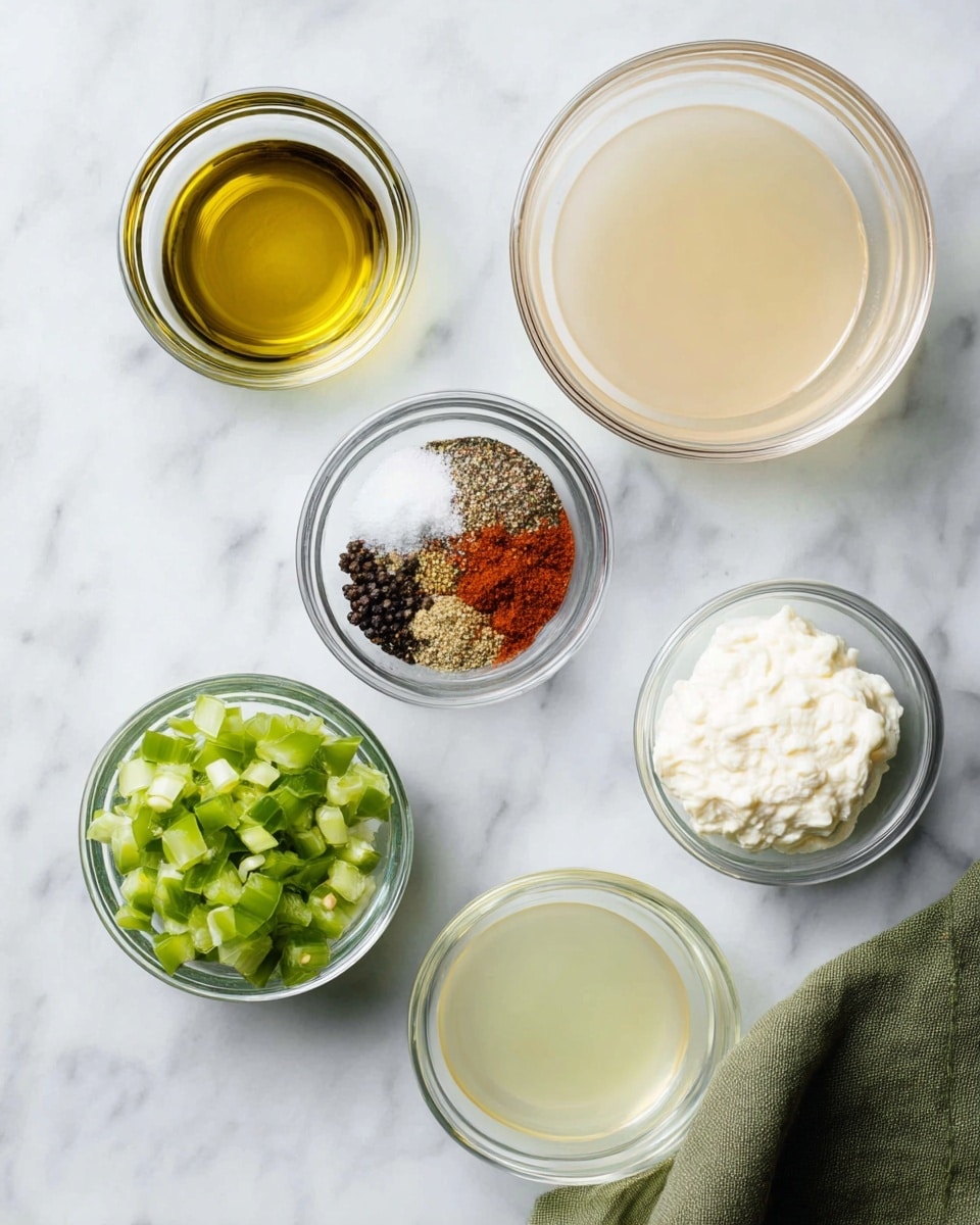 The image shows six small glass bowls arranged on a white marbled surface. One bowl contains light green chopped jalapeños in neat chunks, located near the bottom left. Another bowl beside it holds a mix of four spices: black pepper, white salt, reddish paprika, and light brown cumin, each section clearly defined. Above the spices is a bowl with a thick white creamy substance, likely lard or shortening, which looks soft and smooth. To the top left, a bowl holds light golden olive oil with a shiny surface. The largest bowl, positioned near the top center, contains a light beige translucent liquid, and just below it is another bowl with a slightly cloudy, pale yellow liquid. A green cloth is placed to the right edge of the frame. photo taken with an iphone --ar 4:5 --v 7