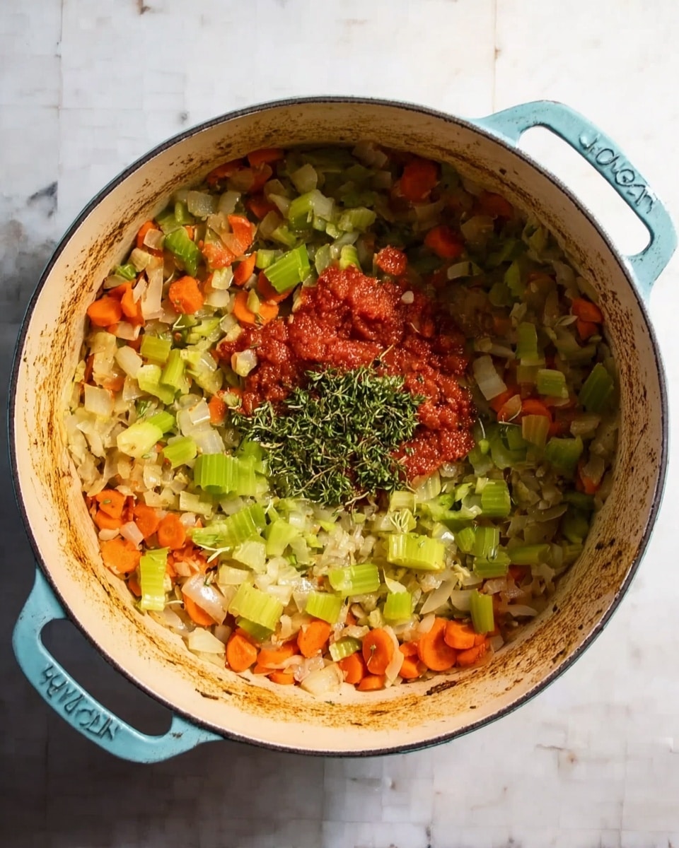 A top view of a light blue pot filled with several layers of chopped vegetables and herbs. The bottom layer has a mix of small, soft onion pieces and bright orange carrot slices, slightly cooked with a light sheen. Above that is a layer of green celery pieces scattered evenly. On the top center, there is a pile of red tomato paste and a small bunch of finely chopped green herbs. The inside walls of the pot have a light coating of the cooking mix showing some brown spots. The pot sits on a white marbled surface. photo taken with an iphone --ar 4:5 --v 7