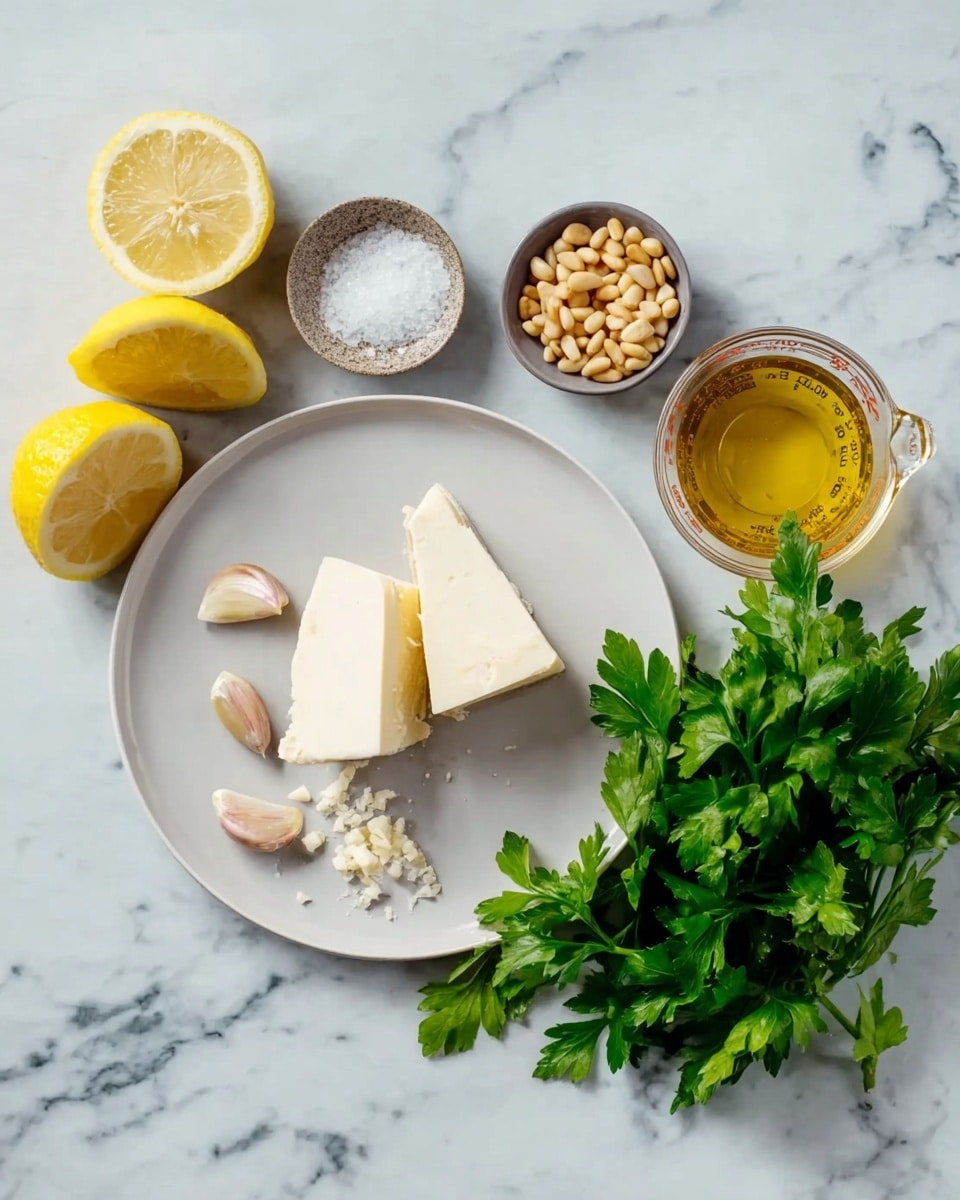 A white plate with two triangular off-white cheese pieces sits center-left. On the plate near the cheese are three garlic cloves, one whole and two peeled. To the top-right of the plate is a small round bowl with pine nuts inside, next to a small bowl with coarse white salt. To the right of the bowls is a transparent glass measuring cup with golden liquid. On the right side of the image is a bunch of fresh green parsley leaves. On the left side of the plate are two lemon halves with bright yellow flesh. All items rest on a white marbled surface. photo taken with an iphone --ar 4:5 --v 7