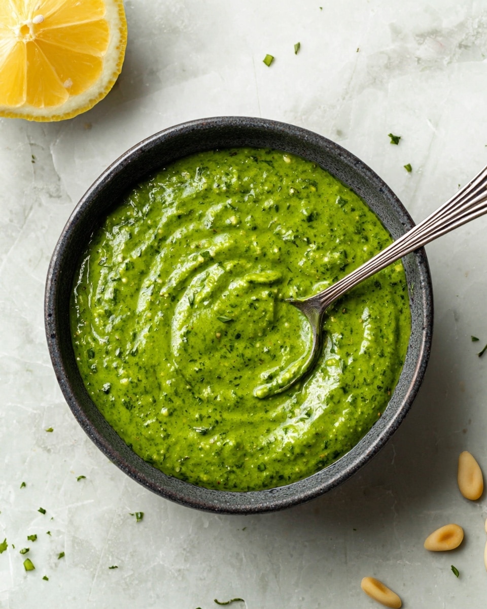 A dark bowl filled with a thick green sauce that has a slightly chunky texture, swirled gently with a silver spoon resting inside the bowl on the right side. The bowl sits on a white marbled surface, with a half lemon placed near the top left corner and a few scattered pine nuts near the bottom right. The green sauce is vibrant and fresh-looking, showing small flecks of herbs throughout. photo taken with an iphone --ar 4:5 --v 7