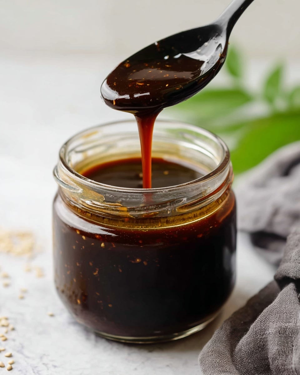 A close-up image shows a clear glass jar filled with thick, dark brown sauce with visible small bits inside. Above the jar, a black spoon is lifted with sauce slowly dripping from it, showing its smooth and shiny texture. The background is a soft white marbled texture with blurred green leaves and a grey cloth on the right side of the jar. The overall scene feels clean and focused on the rich dark sauce in the jar. photo taken with an iphone --ar 4:5 --v 7
