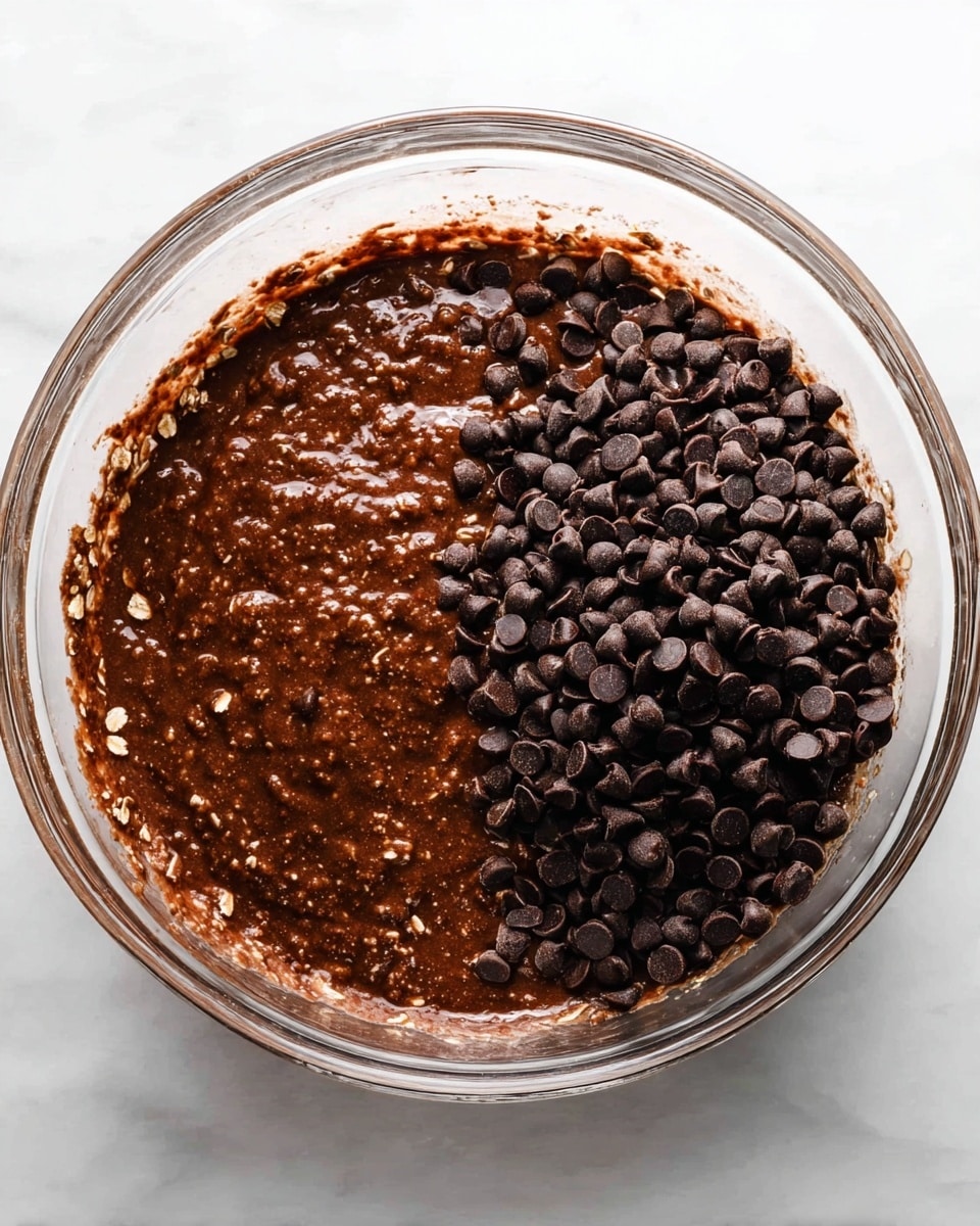 A clear glass bowl filled with a dark brown batter mixed with oats, showing a thick and slightly lumpy texture. On one side of the bowl, there is a heap of dark chocolate chips resting on top of the batter, creating a contrast with the smooth and rough parts. The bowl is placed on a white marbled surface, with no other items around. photo taken with an iphone --ar 4:5 --v 7