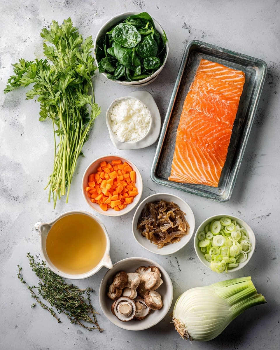 The image shows a large rectangular metal tray with an orange piece of raw salmon fillet featuring light white lines, placed on the right side of a white marbled surface. To the left of the tray, there is a bunch of fresh green parsley with long stems and a small white bowl filled with dark green leafy spinach placed above it. Below the spinach bowl, three small white bowls hold different ingredients: finely chopped white coconut oil, bright orange sliced carrots, and dried brown mushrooms with visible texture. At the bottom center, a glass measuring cup filled with golden broth is positioned next to a sprig of fresh thyme lying on the marble surface. On the right side, from top to bottom, there is a whole light green fennel bulb, a small white bowl with a white powder, a white bowl holding chopped celery, and another white bowl filled with sliced light green and white leek rings. The whole composition is displayed on a white marbled surface with soft natural lighting, photo taken with an iphone --ar 4:5 --v 7