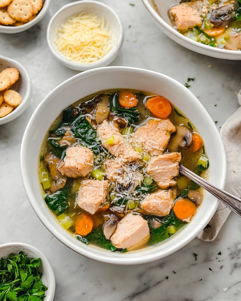 A white bowl filled with clear broth soup containing several chunks of light pink fish, bright orange carrot slices, green leafy spinach, and light brown mushroom slices, topped with a sprinkle of grated cheese. The soup has visible thin onion slices and diced green celery pieces scattered throughout. A silver spoon stands inside the bowl, resting on the soup surface. Around the bowl, there are small white bowls with toppings like small round crackers, shredded cheese, and fresh green herbs, all placed on a white marbled surface. photo taken with an iphone --ar 4:5 --v 7