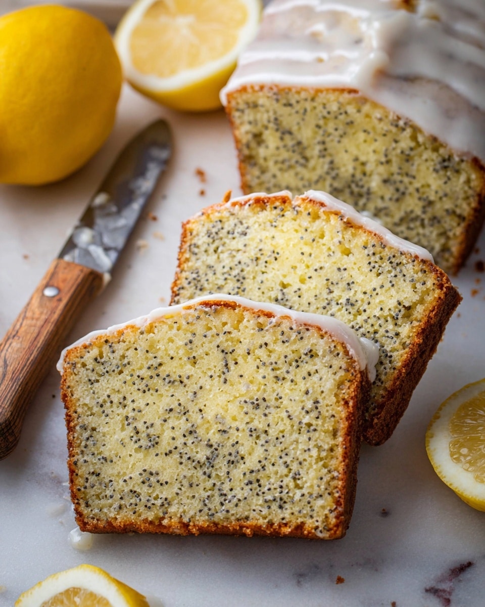 The image shows three slices of lemon poppy seed cake with a light yellow crumb dotted with many small poppy seeds; each slice has a thin layer of white icing on top. The slices are placed on a white marbled surface with a partially sliced loaf of the same cake nearby, also topped with a shiny white icing layer. To the side, there is a halved lemon and a whole lemon adding a bright yellow contrast. A wooden-handled knife lies next to the slices on the white marbled surface. The lighting is soft and natural, highlighting the moist texture and speckles of the cake photo taken with an iphone --ar 4:5 --v 7