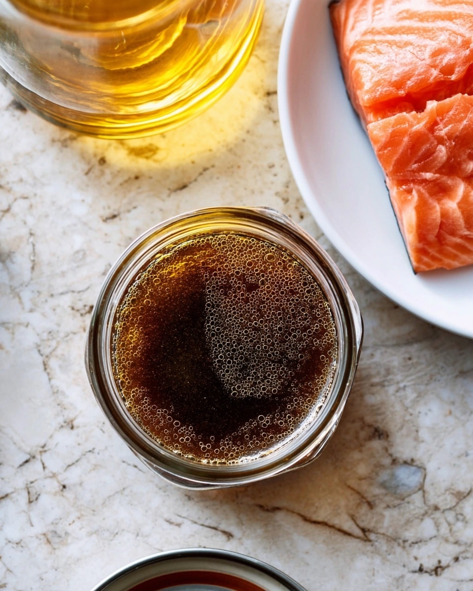 A top view of a small jar filled with dark brown liquid with bubbles on the surface, sitting on a white marbled textured surface with its open lid resting nearby; in the top left, a glass container with a golden yellow liquid is partially visible, and in the top right, a white plate holds two pieces of raw pink salmon fillets. Photo taken with an iphone --ar 4:5 --v 7