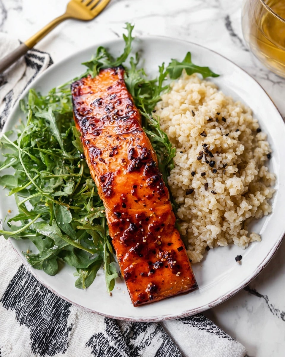 The image shows a white plate with a grilled salmon fillet placed diagonally, its surface glistening with a charred, reddish-orange glaze and black pepper specks. To the right of the salmon, there is a mound of light brown cooked rice with a soft, grainy texture. On top and around the rice, fresh green arugula leaves add a leafy texture and vibrant color. The plate sits on a white marbled surface with a black and white cloth napkin nearby and a gold fork on the left side. Photo taken with an iphone --ar 4:5 --v 7