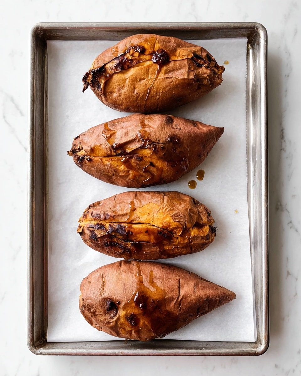 Four roasted sweet potatoes are placed in a vertical line on a metal tray lined with white parchment paper. Each sweet potato has a textured brown skin with some darker burnt spots and shiny patches of syrup-like glaze dripping down their surfaces. The tray sits on a white marbled surface, and the sweet potatoes vary slightly in shape and size but all show a rough, rustic baked appearance. photo taken with an iphone --ar 4:5 --v 7