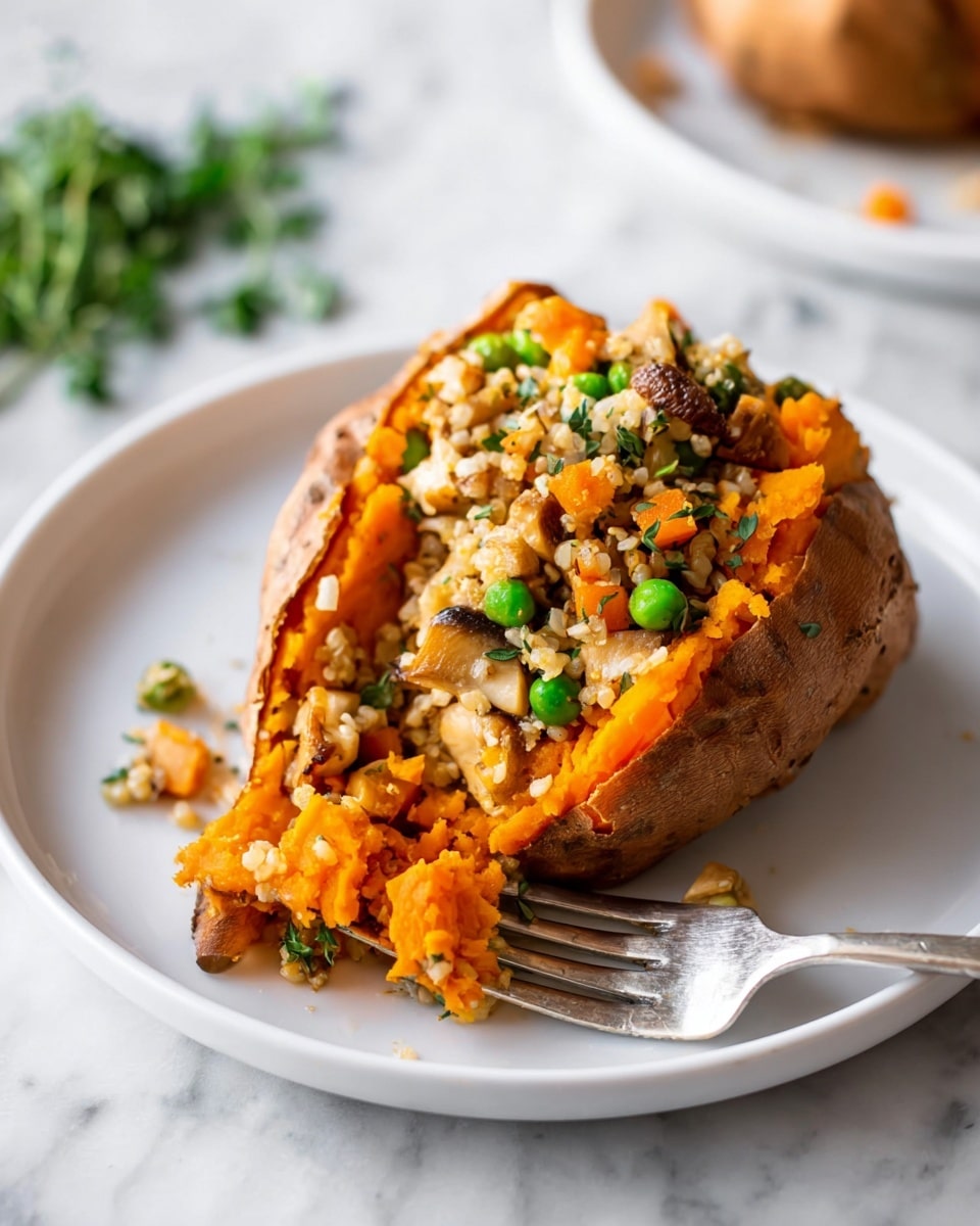 A white plate holds a baked sweet potato cut open to show bright orange soft inside. The potato is stuffed with a mix of small, light beige grains or crumbled pieces, bright green peas, orange carrot bits, and small brown mushroom pieces. A silver fork is placed inside the opened potato, pressing into the soft orange layer. The plate is on a white marbled surface with some out-of-focus green herbs in the background. photo taken with an iphone --ar 4:5 --v 7
