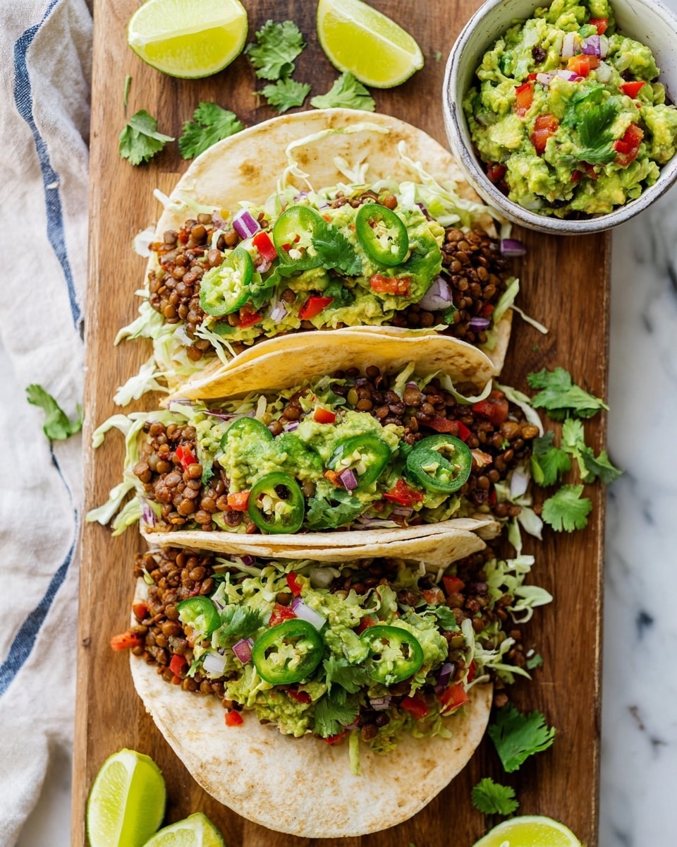 Three soft tortillas lie open on a wooden board, each filled with layers starting at the bottom with shredded pale cabbage, followed by a hearty layer of brown lentils mixed with small diced red peppers. On top, there is a chunky guacamole-like mix with bright green avocado pieces, slices of jalapeño, and bits of red onion and cilantro, adding fresh greens and purples. Garnishing the tacos, sprigs of fresh cilantro stand out with bright green leaves. To the side, there are lime wedges and a small white bowl filled with more of the avocado mixture, all placed against a white marbled texture. photo taken with an iphone --ar 4:5 --v 7