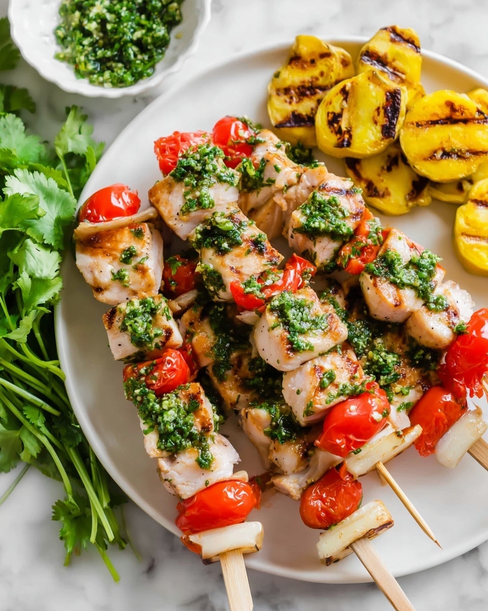 The image shows three wooden skewers on a white plate, each with layers of light grilled fish cubes and bright red cherry tomatoes, topped with chopped green herbs. To the right of the skewers are grilled yellow squash pieces with browned grill marks, arranged in a small pile. In the top left corner, there is a small white bowl filled with finely chopped green herbs. Fresh green cilantro leaves rest at the bottom left corner of the plate, and the whole scene is set on a white marbled surface. The photo taken with an iphone --ar 4:5 --v 7