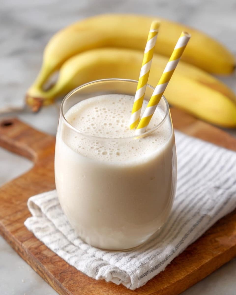 A clear glass filled with a frothy, creamy light beige banana smoothie, with small bubbles visible on the surface; two yellow and white striped paper straws stand upright in the glass. The glass sits on a light wooden board placed on a white marbled surface with a white cloth featuring gray stripes nearby. In the background, two whole yellow bananas lie horizontally, slightly blurred. photo taken with an iphone --ar 4:5 --v 7