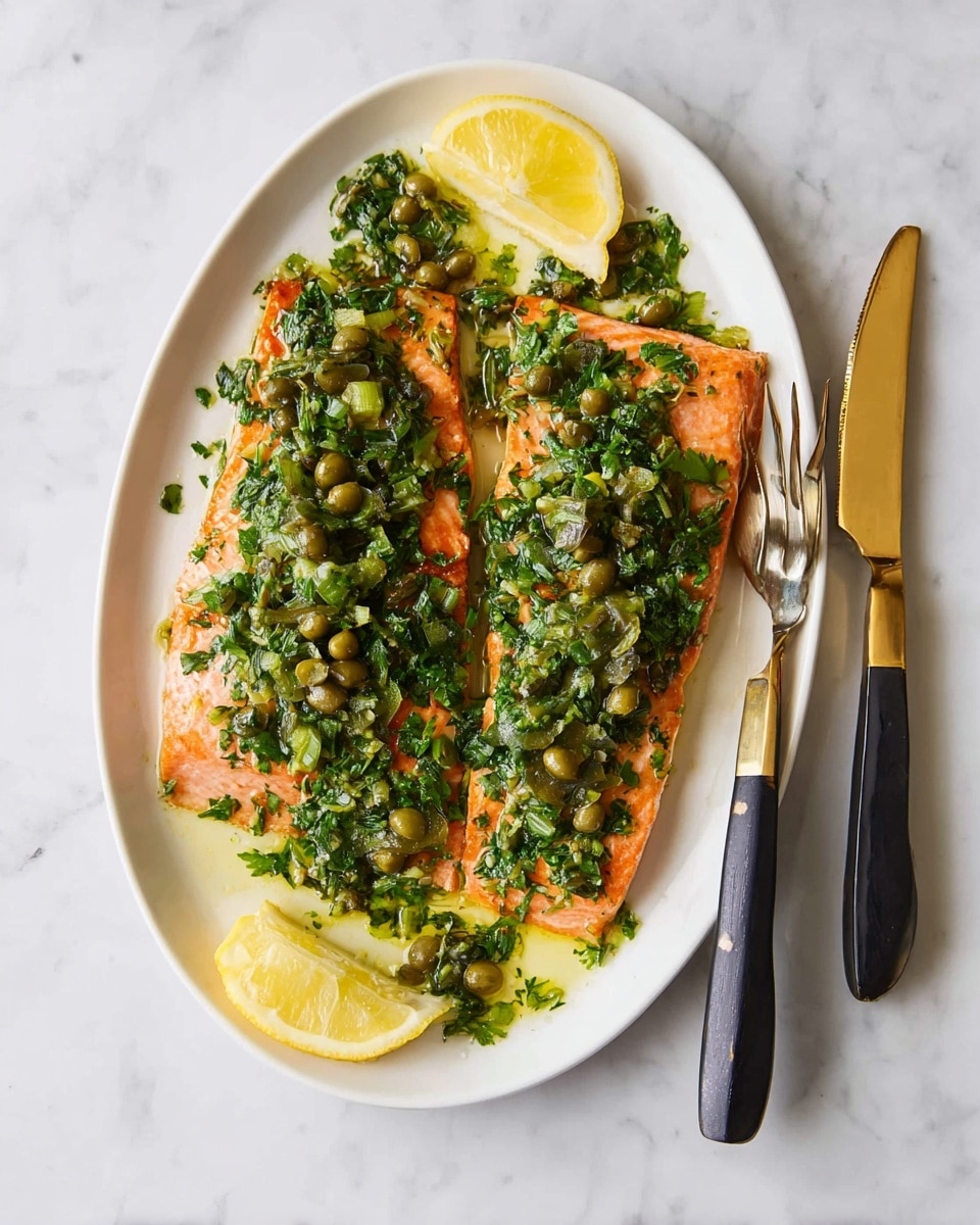 A white oval plate with two large pieces of cooked orange salmon fillets lying flat side by side, topped generously with a bright green mixture of chopped herbs and sliced green olives scattered evenly across the fish. On the plate’s left and right edges, there are two small lemon wedges each with a pale yellow color. Next to the right side of the plate lies a set of knife and fork with sleek black handles and gold-colored metal parts. Everything is placed on a white marbled surface. photo taken with an iphone --ar 4:5 --v 7