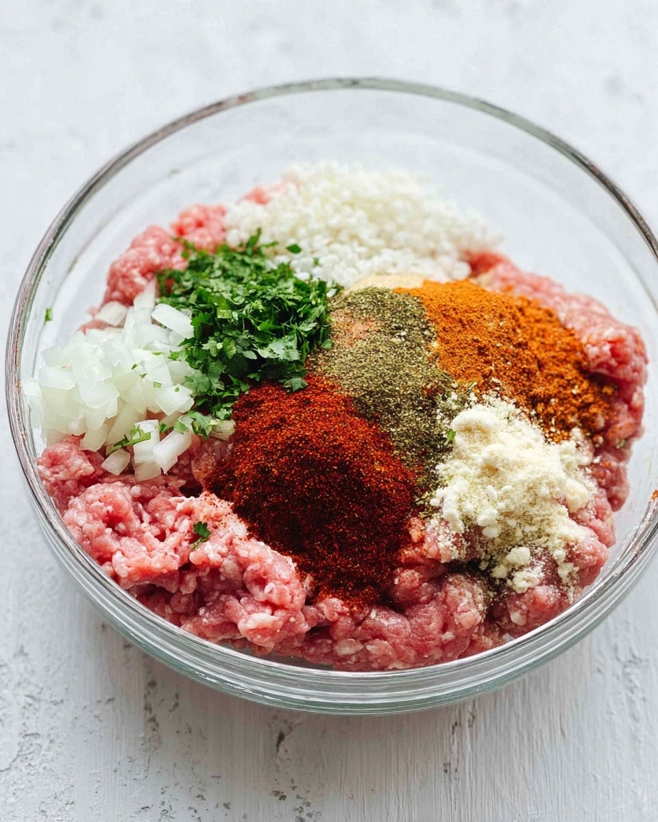 A clear glass bowl sits on a white marbled surface filled with layers of ingredients: a base of pink ground meat, topped with small white grains on the left, chopped green herbs beside it, finely chopped white onions behind, and minced white garlic resting nearby. Several piles of spices in shades of deep red, orange, and brown are sprinkled across the top of the meat, creating a colorful contrast. The textures vary from coarse to powdery, with each element arranged in separate sections within the bowl. photo taken with an iphone --ar 4:5 --v 7