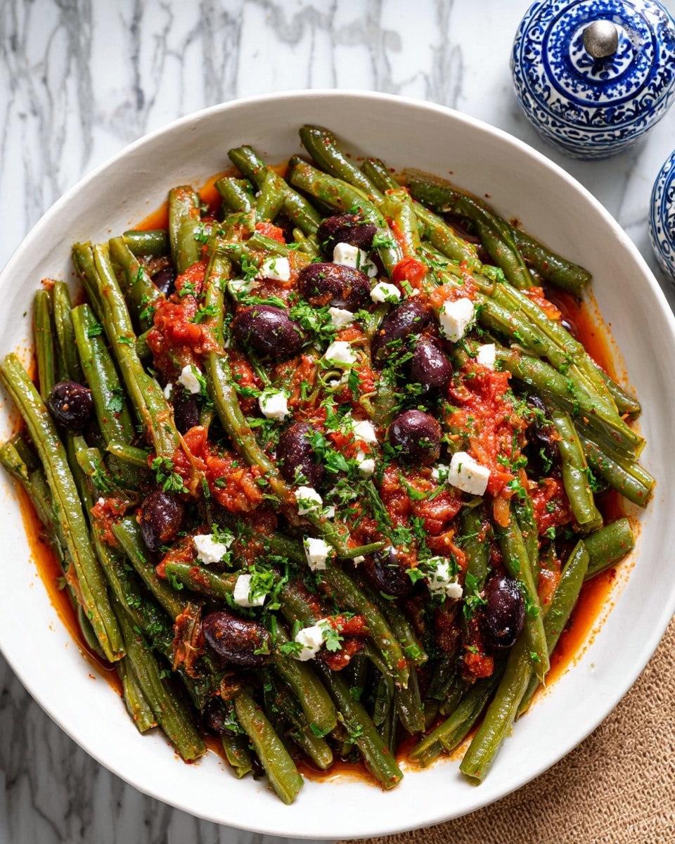 A white bowl filled with a green bean dish in three layers: the bottom layer has green beans with a shiny, smooth texture; the middle layer is a mix of chunky red tomato sauce and whole dark purple and green olives; the top layer is sprinkled with small pieces of white cheese and chopped green herbs, adding a fresh touch; all the layers are coated lightly with red oil, giving a shiny look. The bowl sits on a white marbled surface with a small blue and white patterned salt shaker to the top right. photo taken with an iphone --ar 4:5 --v 7