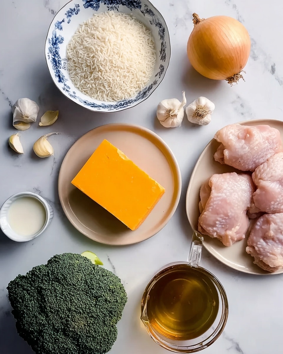 The image shows several raw ingredients placed on a white marbled surface. There is a white bowl with blue floral patterns filled with white rice on the top left. Below it is a beige plate holding a solid block of bright orange cheese. Next to it is a whole yellow onion with its skin on. To the right, a beige plate holds three pieces of raw, pale pink chicken. Near the center bottom is a fresh, dark green broccoli head with a textured surface. There is a small white bowl containing a white creamy liquid near the broccoli. Finally, at the bottom right corner, there is a glass measuring cup filled with clear brownish liquid, likely broth. Several individual garlic cloves are placed above the chicken on the white marbled surface. Photo taken with an iphone --ar 4:5 --v 7