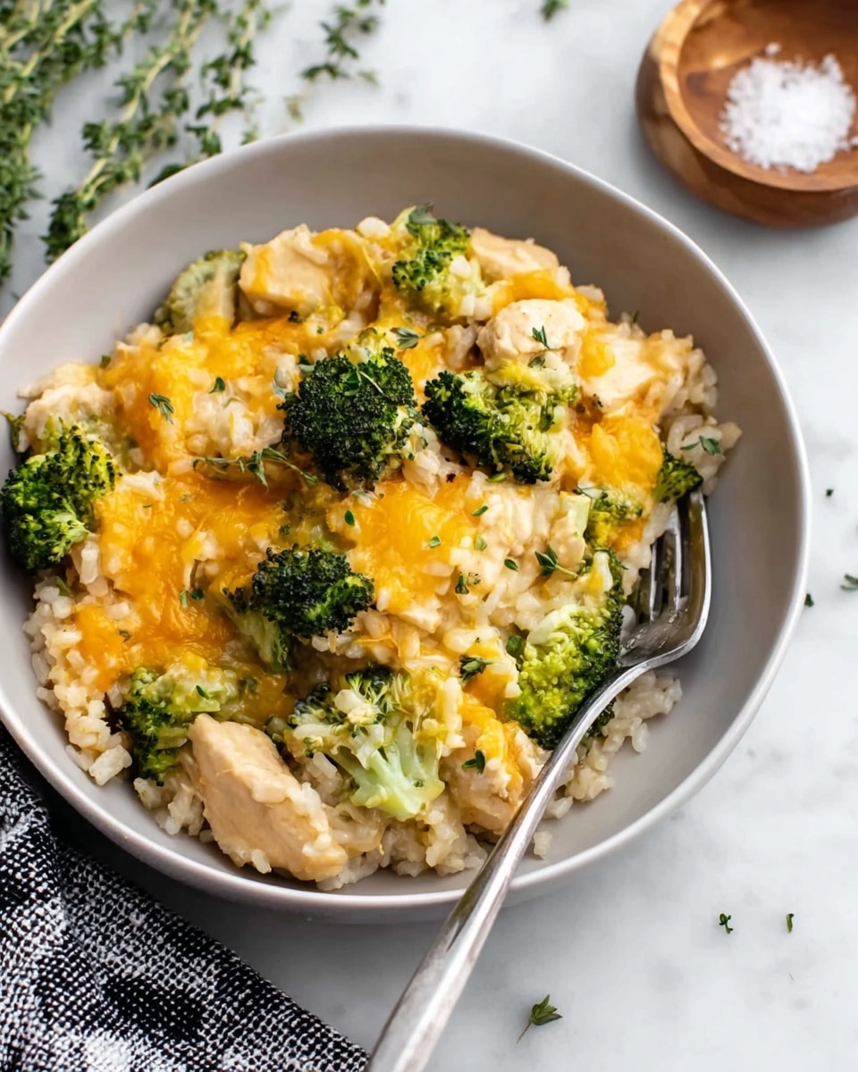 A white bowl filled with a creamy mix of white rice and chunks of light beige cooked chicken, topped with bright green broccoli florets scattered through the dish. The whole dish is coated with melted orange-yellow cheese that looks soft and smooth, sprinkled with small green herbs for garnish. On the right side of the bowl, a silver fork is placed with its tines slightly buried in the food. The bowl is sitting on a white marbled surface with some blurred green herbs in the background and a small wooden bowl with salt above it near the top right corner. A white and black checkered cloth is partly visible at the bottom right edge. Photo taken with an iphone --ar 4:5 --v 7