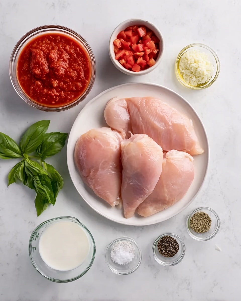 A white plate is centered on a white marbled surface, holding four pieces of raw chicken with pinkish tones and smooth texture. Around the plate, there is a small glass bowl on the top left with red diced tomatoes in juice, and below it, a small white bowl filled with thick red tomato sauce. Nearby, fresh green basil leaves add a touch of color. On the right side of the plate, there are two small clear glass bowls, one with minced garlic and the other with white powder, possibly flour. Below these, a clear glass measuring cup contains white cream. Along the bottom edge, four small white bowls hold different spices: black pepper, dried oregano, salt, and another black spice. photo taken with an iphone --ar 4:5 --v 7