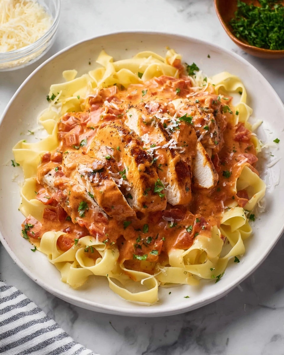 A white plate holds a bed of pale yellow fettuccine pasta, loosely spread in a circular shape. On top, there are several pieces of sliced white meat arranged in a fan shape across the pasta. The meat is covered with a thick, creamy orange-red sauce that has bits of tomato and herbs, giving it a slightly chunky texture. The dish is sprinkled with small white parmesan flakes and finely chopped green herbs, adding contrast to the sauce. The plate sits on a white marbled surface with a bowl of shredded parmesan cheese blurred in the background and a striped cloth partially visible at the edge. photo taken with an iphone --ar 4:5 --v 7